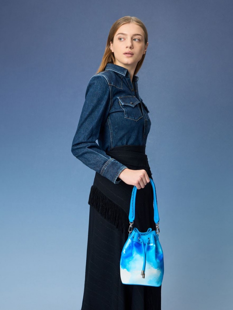 Charles And Keith Cloud-Print Braided-Handle Drawstring Bucket Bags Blue | PHILIPPINES O213