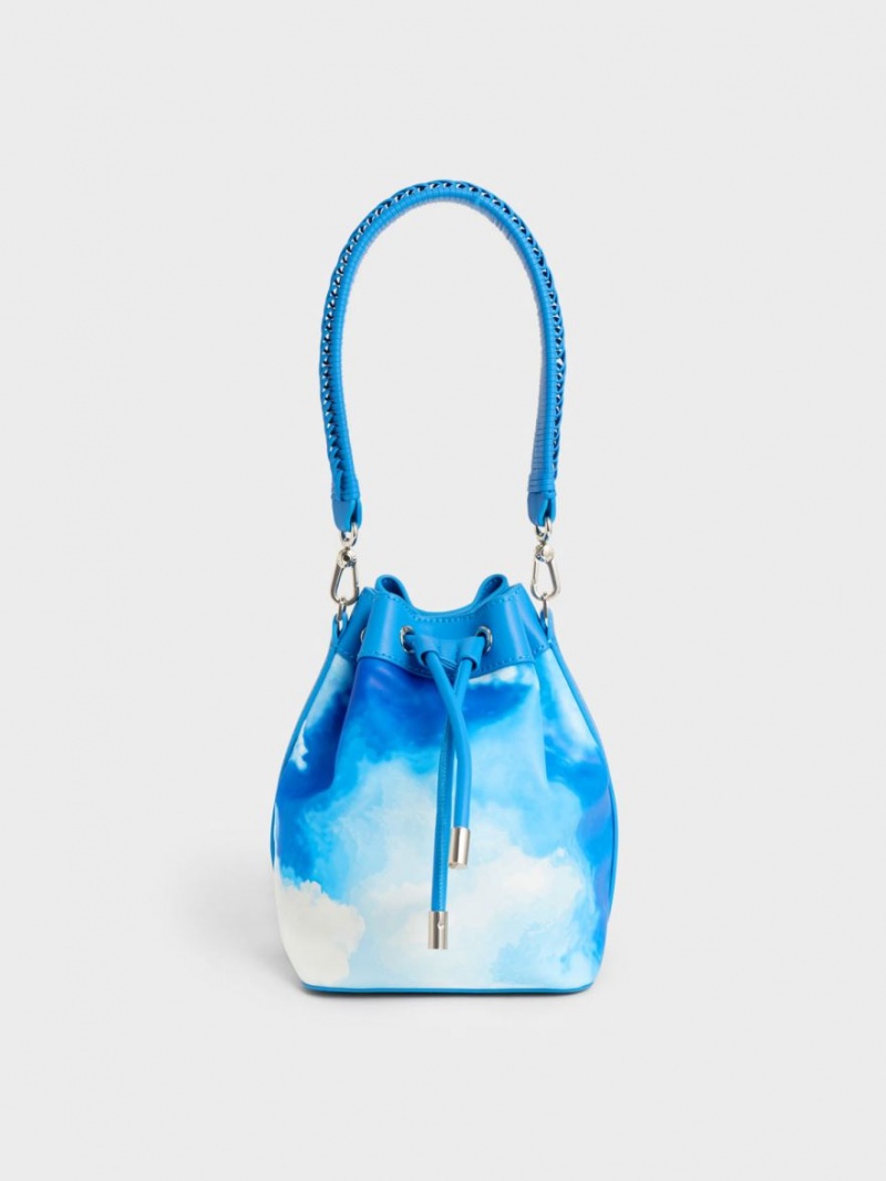 Charles And Keith Cloud-Print Braided-Handle Drawstring Bucket Bags Blue | PHILIPPINES O213