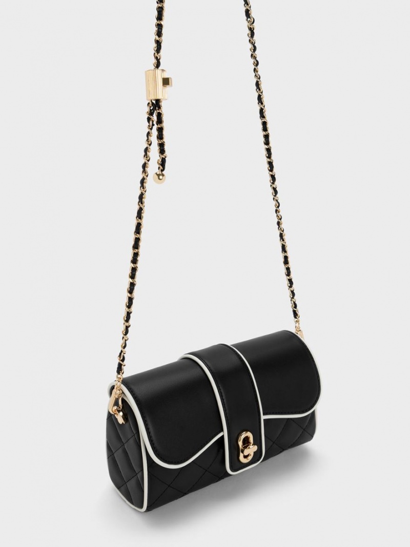 Charles And Keith Contrast-Trim Belted Crossbody Bags Black | PHILIPPINES E895