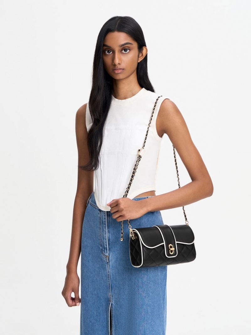 Charles And Keith Contrast-Trim Belted Crossbody Bags Black | PHILIPPINES E895