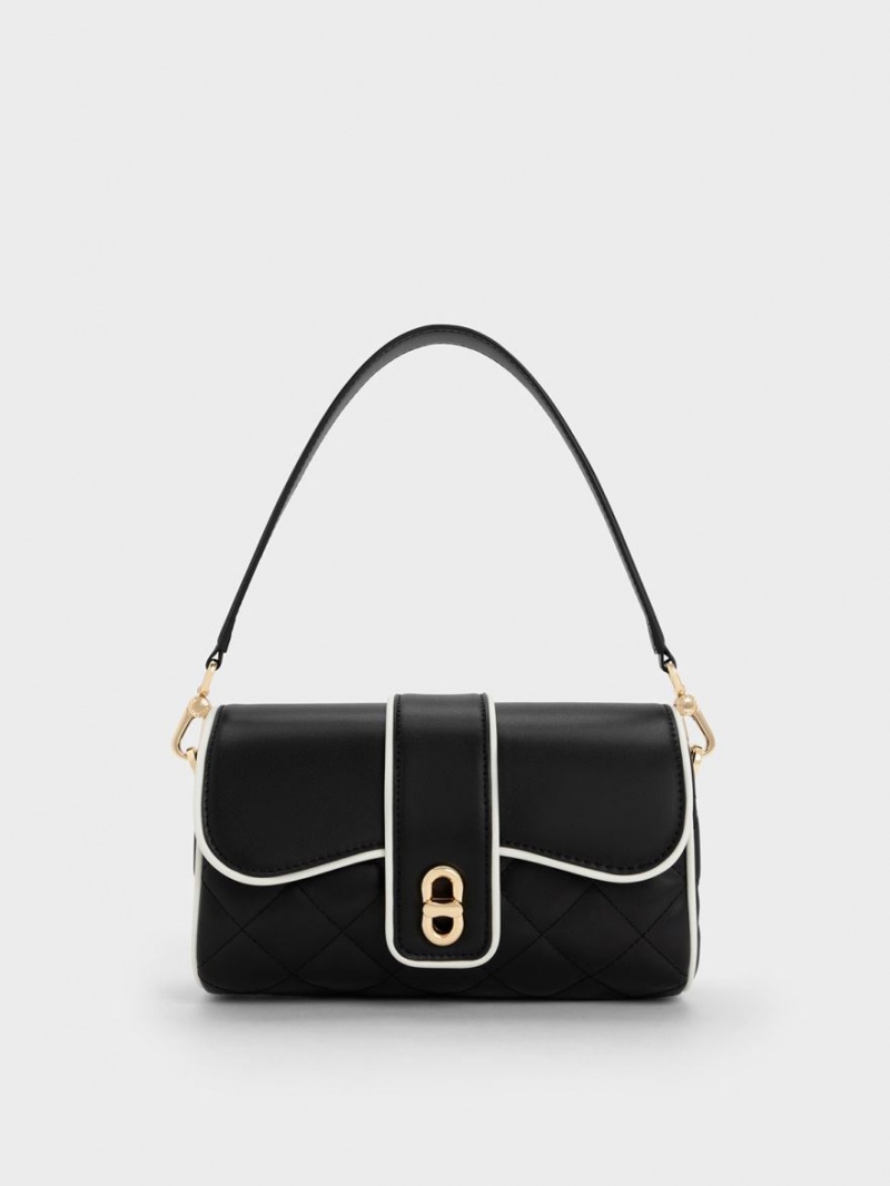 Charles And Keith Contrast-Trim Belted Crossbody Bags Black | PHILIPPINES E895