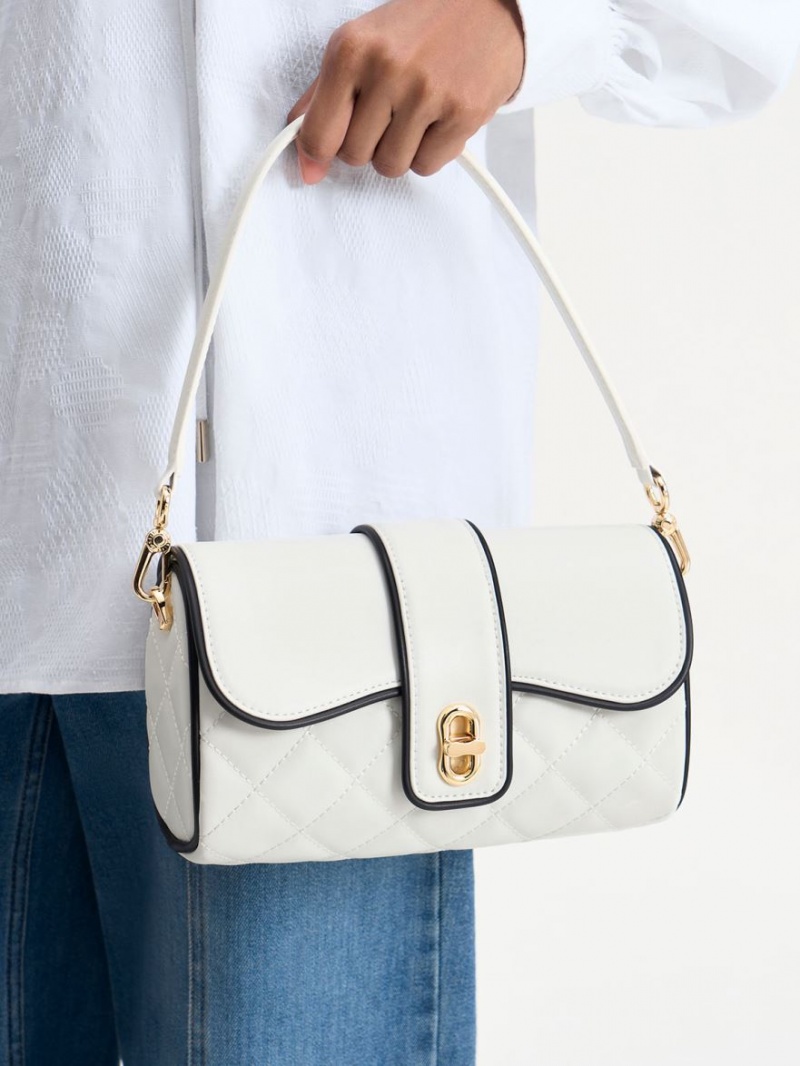 Charles And Keith Contrast-Trim Belted Crossbody Bags White | PHILIPPINES K476