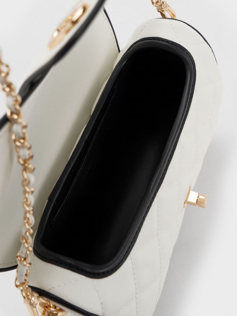 Charles And Keith Contrast-Trim Belted Crossbody Bags White | PHILIPPINES K476