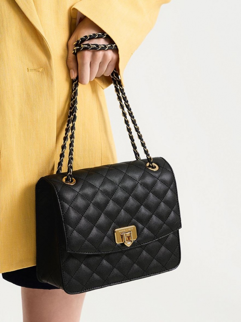 Charles And Keith Cressida Quilted Chain Strap Shoulder Bags Black | PHILIPPINES Z928