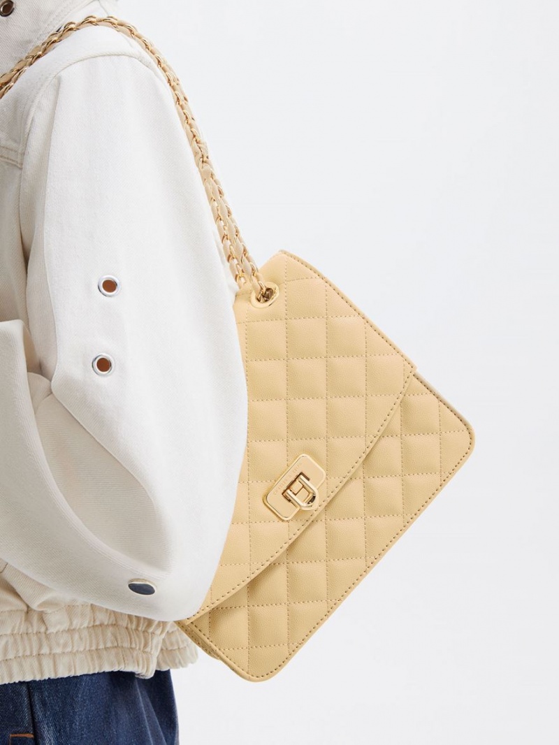 Charles And Keith Cressida Quilted Chain Strap Shoulder Bags Beige | PHILIPPINES C946