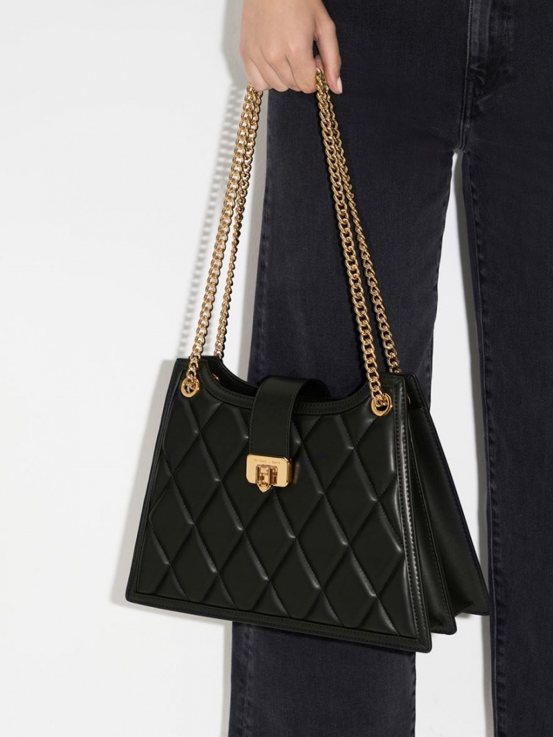 Charles And Keith Cressida Quilted Trapeze Chain Shoulder Bags Black | PHILIPPINES Z843