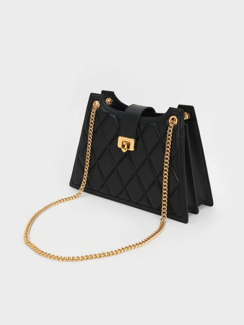 Charles And Keith Cressida Quilted Trapeze Chain Shoulder Bags Black | PHILIPPINES Z843