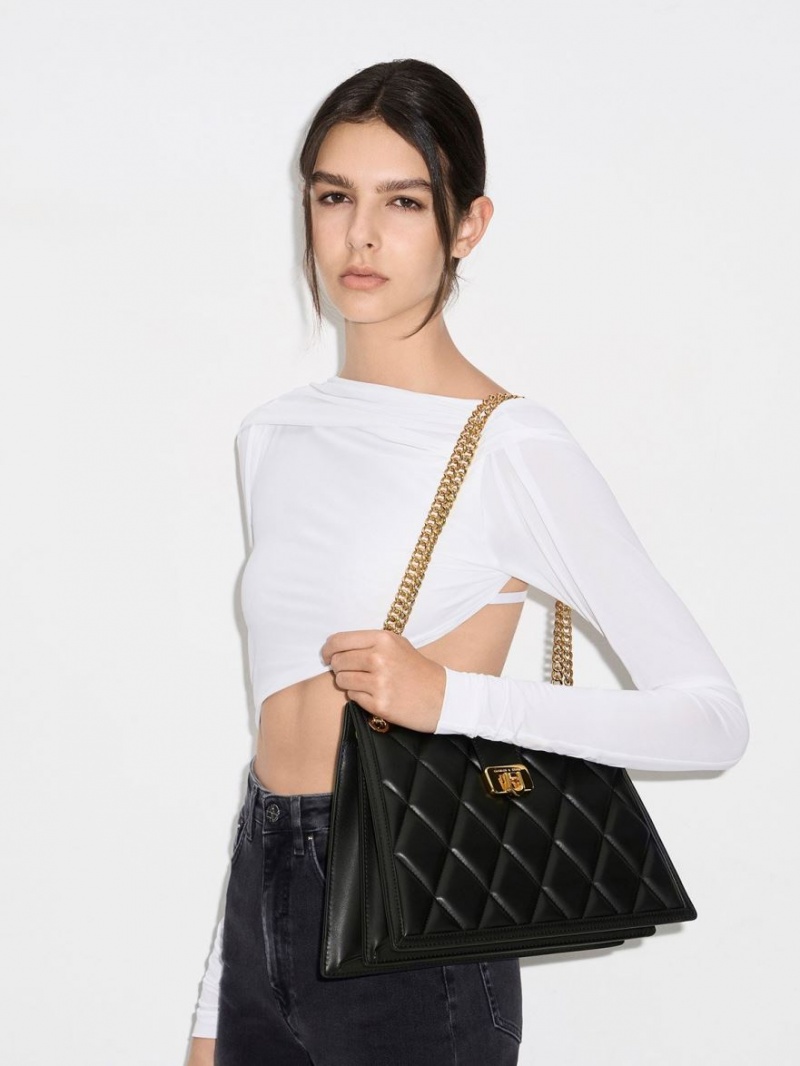 Charles And Keith Cressida Quilted Trapeze Chain Shoulder Bags Black | PHILIPPINES Z843