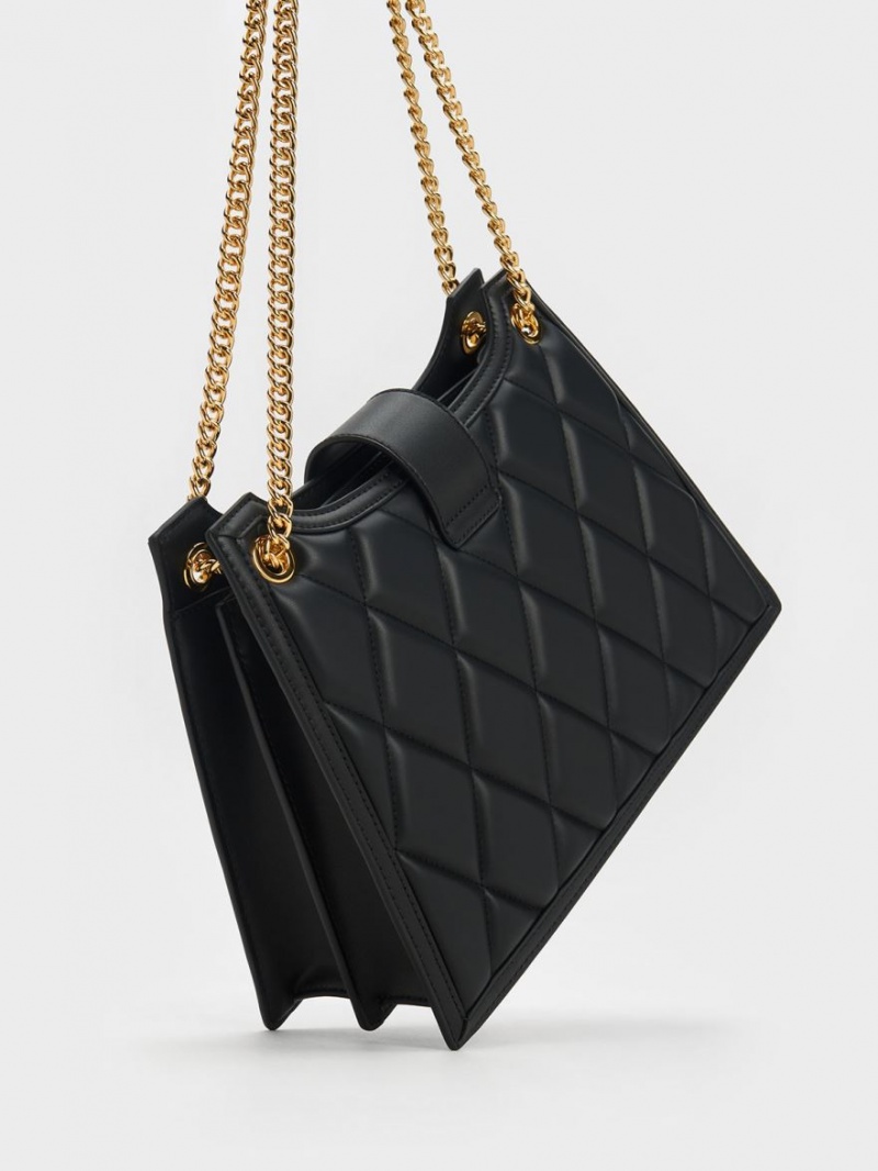 Charles And Keith Cressida Quilted Trapeze Chain Shoulder Bags Black | PHILIPPINES Z843