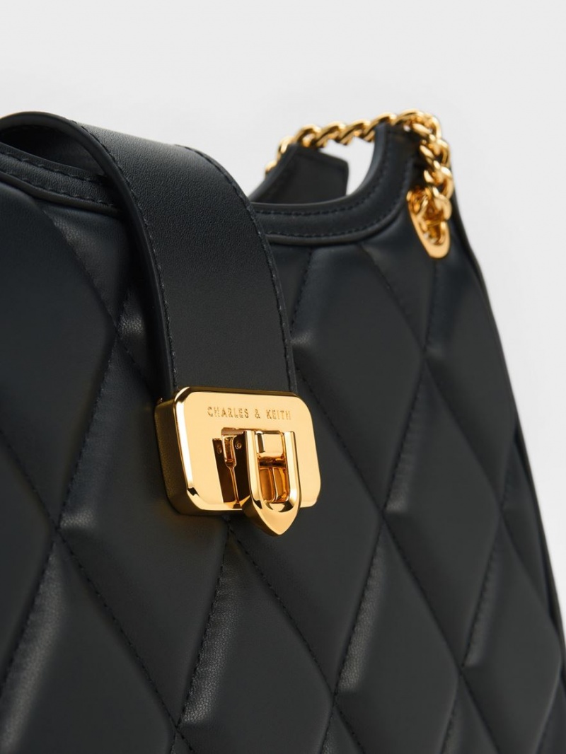 Charles And Keith Cressida Quilted Trapeze Chain Shoulder Bags Black | PHILIPPINES Z843