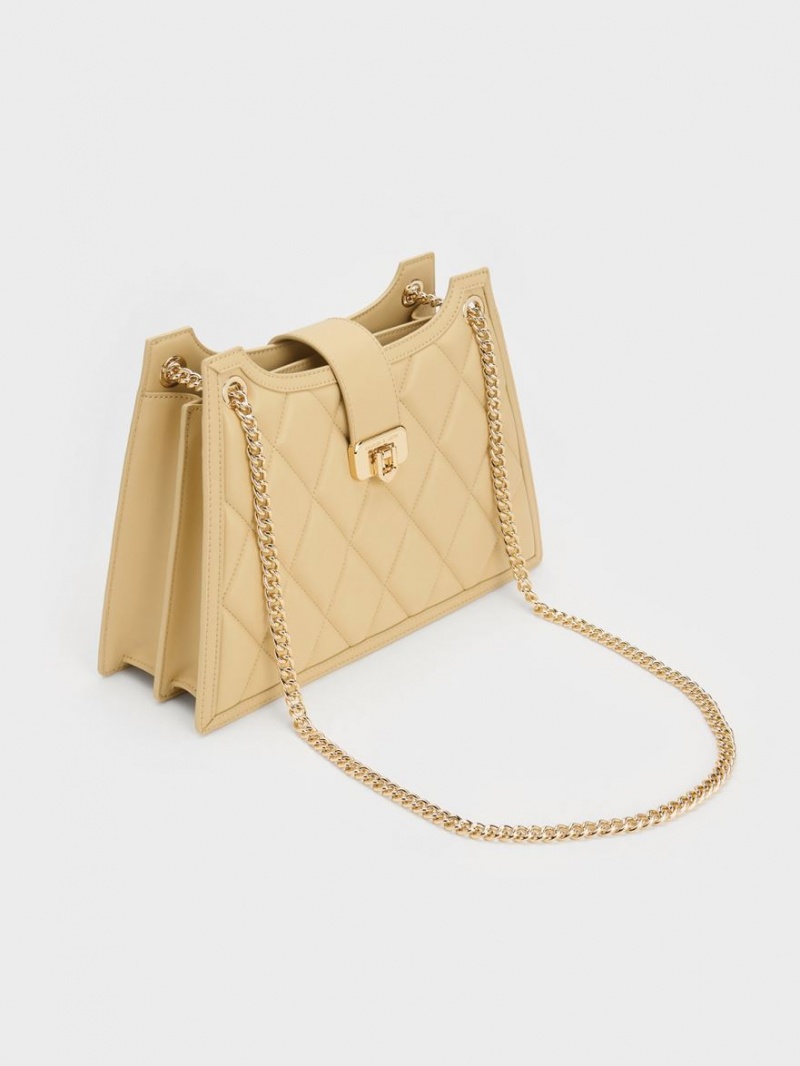 Charles And Keith Cressida Quilted Trapeze Chain Shoulder Bags Beige | PHILIPPINES U370