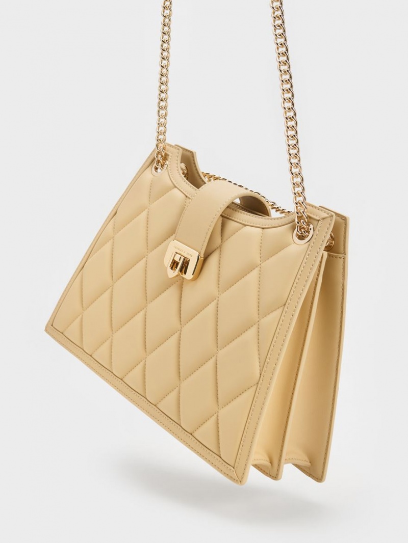 Charles And Keith Cressida Quilted Trapeze Chain Shoulder Bags Beige | PHILIPPINES U370