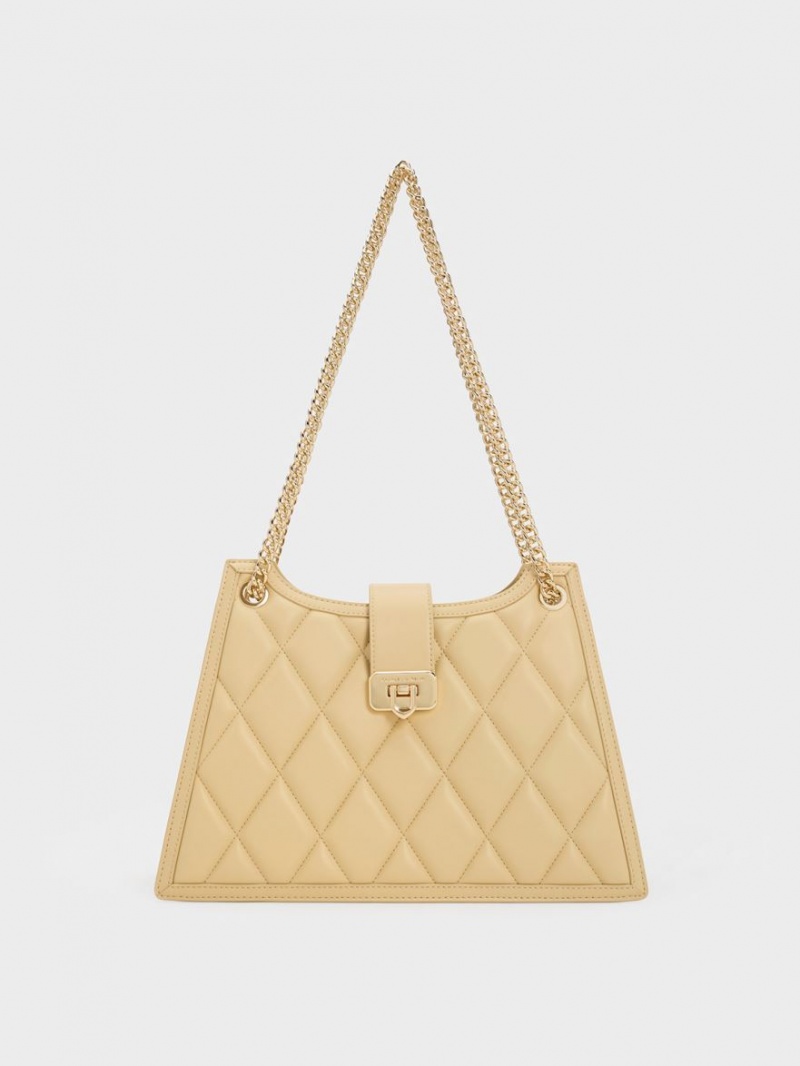 Charles And Keith Cressida Quilted Trapeze Chain Shoulder Bags Beige | PHILIPPINES U370