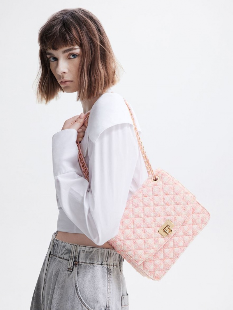 Charles And Keith Cressida Tweed Chain Strap Shoulder Bags Pink | PHILIPPINES X340