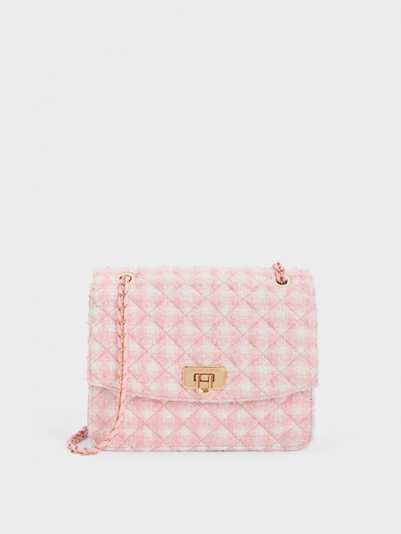 Charles And Keith Cressida Tweed Chain Strap Shoulder Bags Pink | PHILIPPINES X340