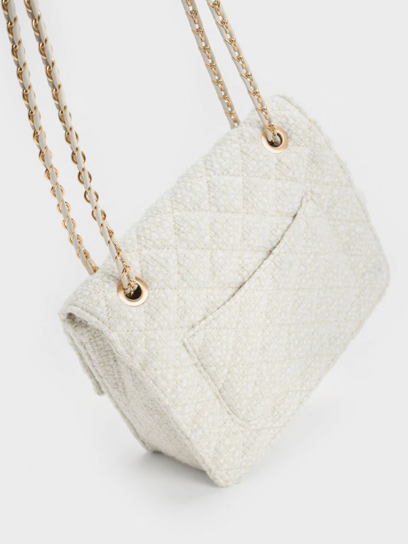 Charles And Keith Cressida Tweed Chain Strap Shoulder Bags White | PHILIPPINES X276