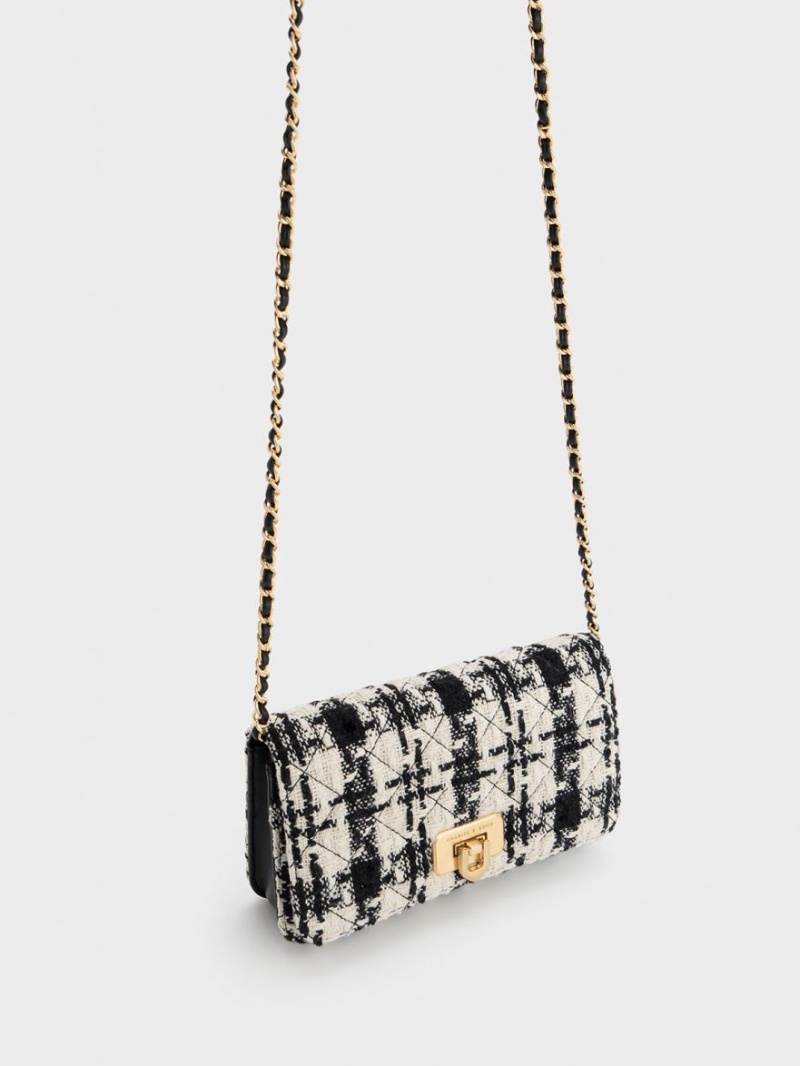 Charles And Keith Cressida Tweed Push-Lock Clutch Bag Black / White | PHILIPPINES U892