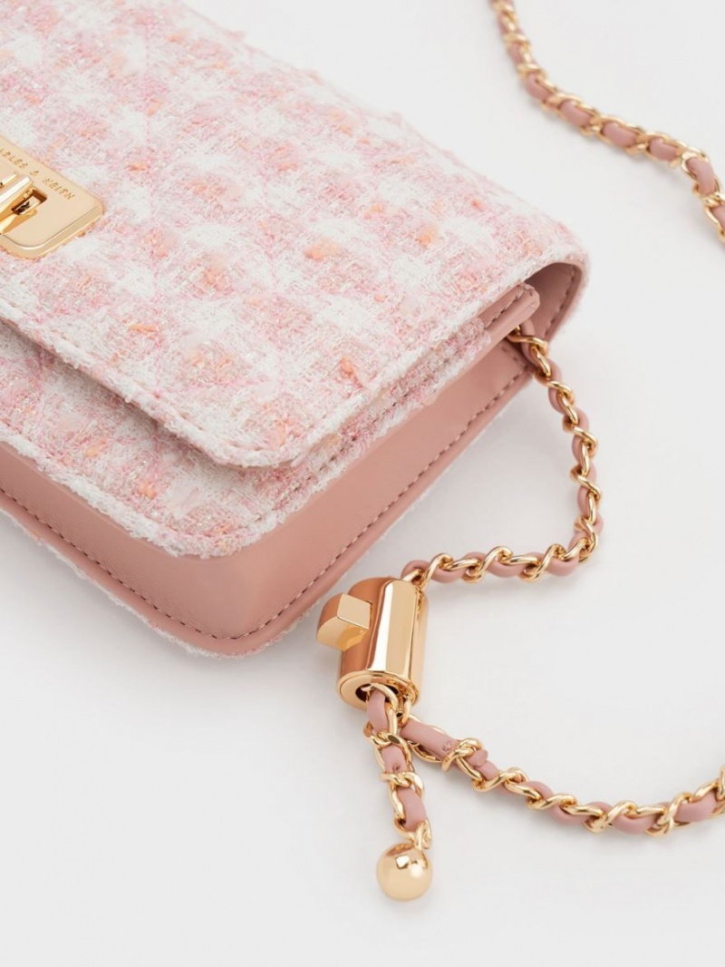 Charles And Keith Cressida Tweed Push-Lock Clutch Bag Pink | PHILIPPINES N176