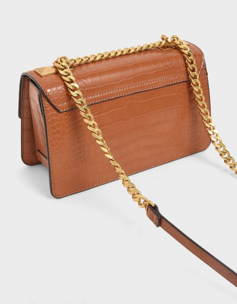 Charles And Keith Croc-Effect Chain Strap Crossbody Bags Brown | PHILIPPINES M423