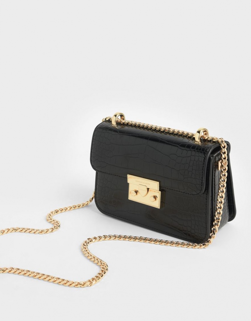 Charles And Keith Croc-Effect Chain Strap Crossbody Bags Black | PHILIPPINES T972