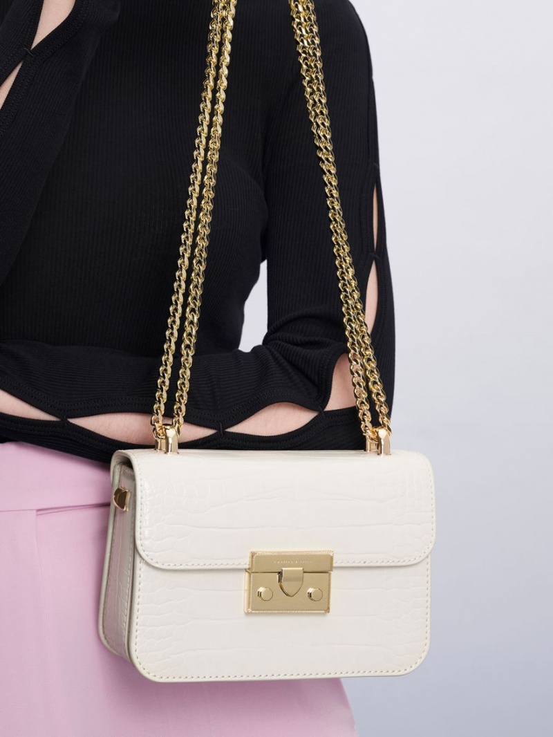 Charles And Keith Croc-Effect Chain Strap Crossbody Bags White | PHILIPPINES Q359