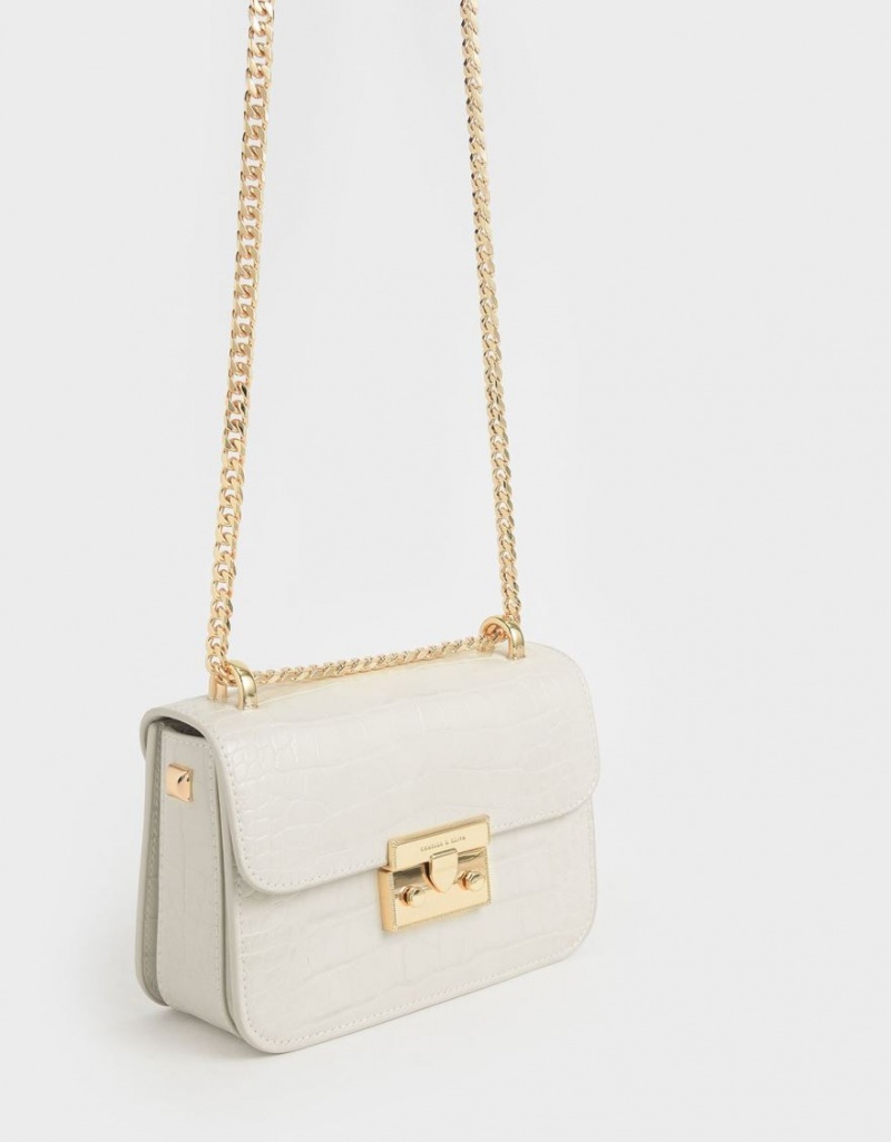 Charles And Keith Croc-Effect Chain Strap Crossbody Bags White | PHILIPPINES Q359