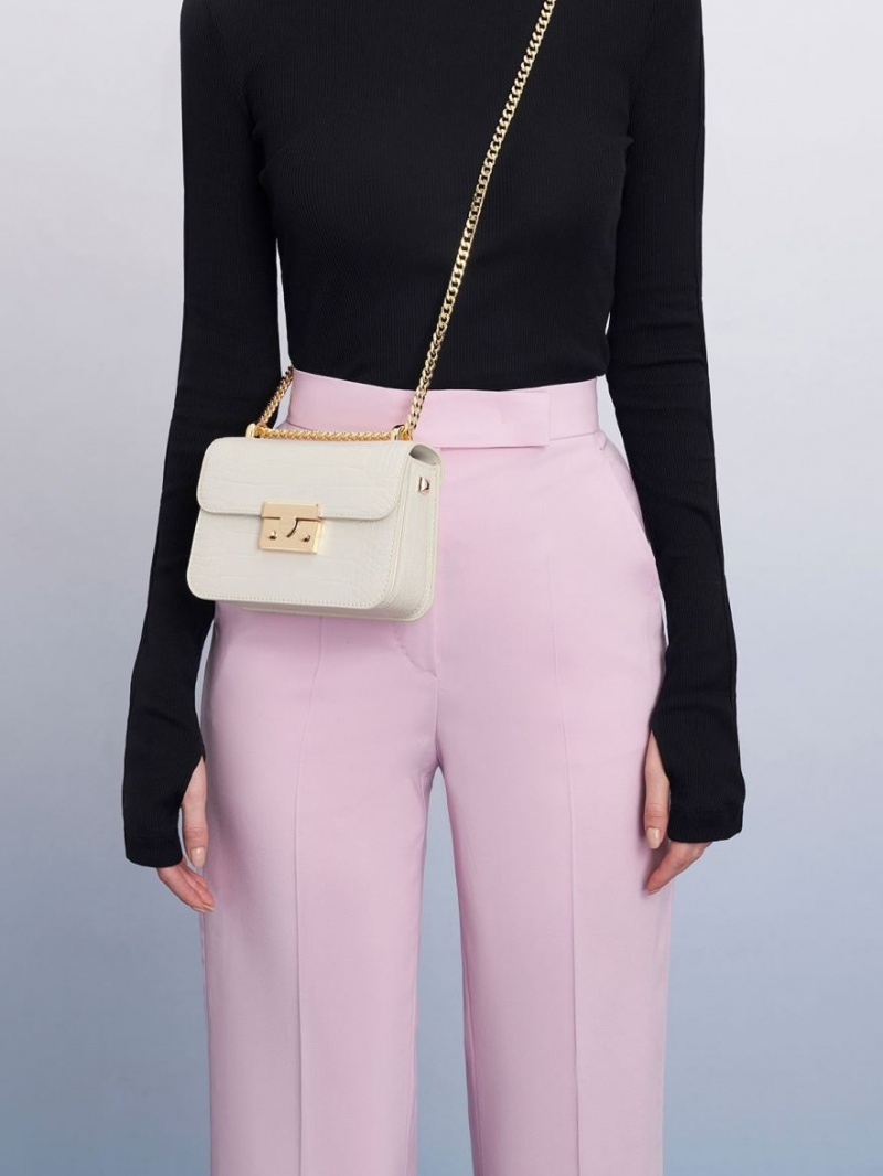 Charles And Keith Croc-Effect Chain Strap Crossbody Bags White | PHILIPPINES Q359