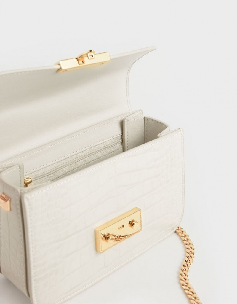 Charles And Keith Croc-Effect Chain Strap Crossbody Bags White | PHILIPPINES Q359