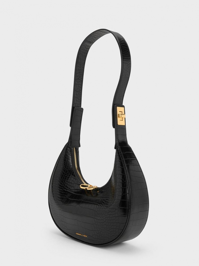 Charles And Keith Croc-Embossed Crescent Hobo Bag Black | PHILIPPINES U348