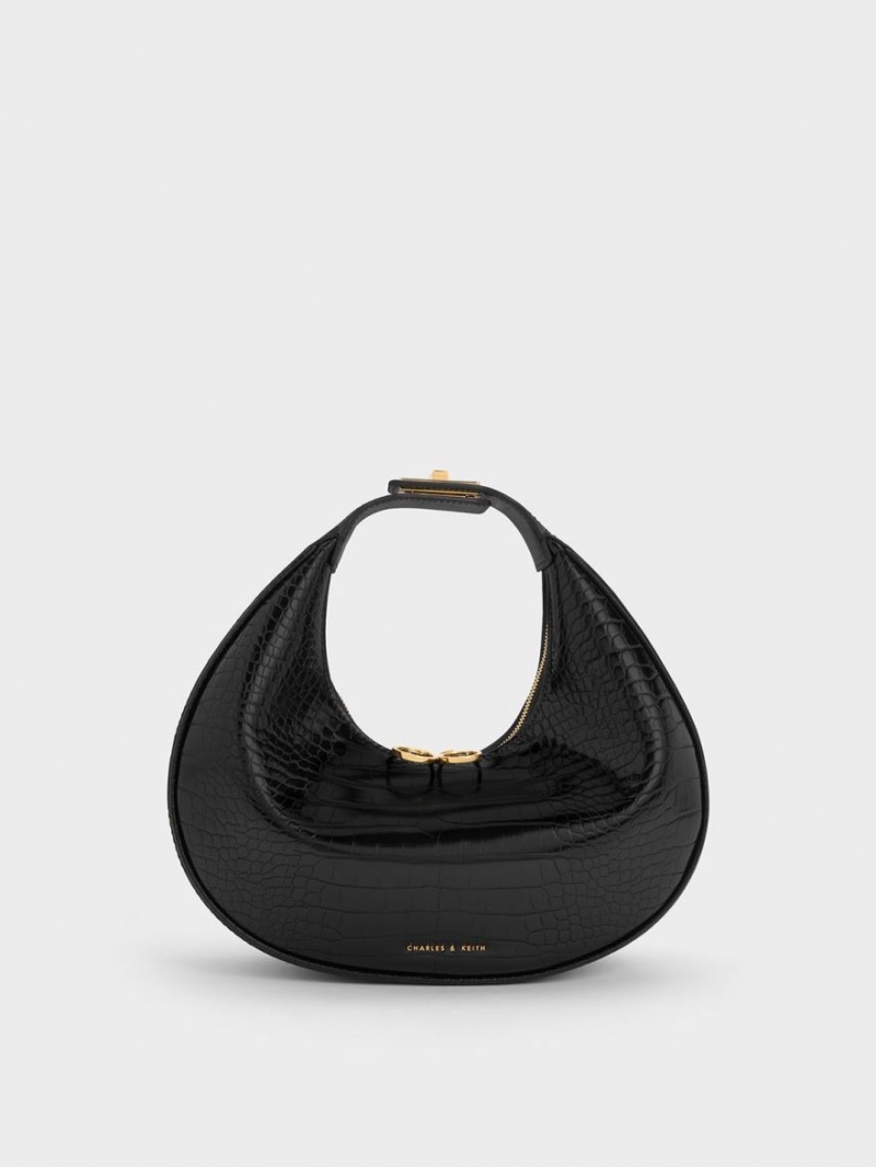 Charles And Keith Croc-Embossed Crescent Hobo Bag Black | PHILIPPINES U348