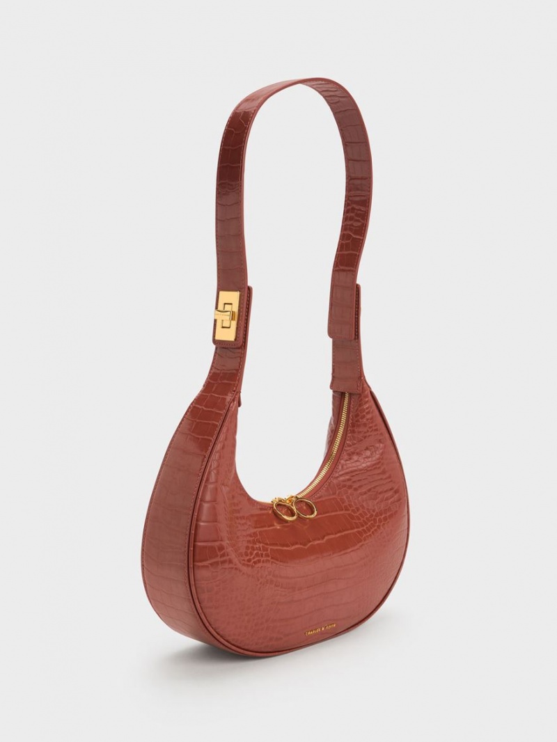 Charles And Keith Croc-Embossed Crescent Hobo Bag Brown | PHILIPPINES P863