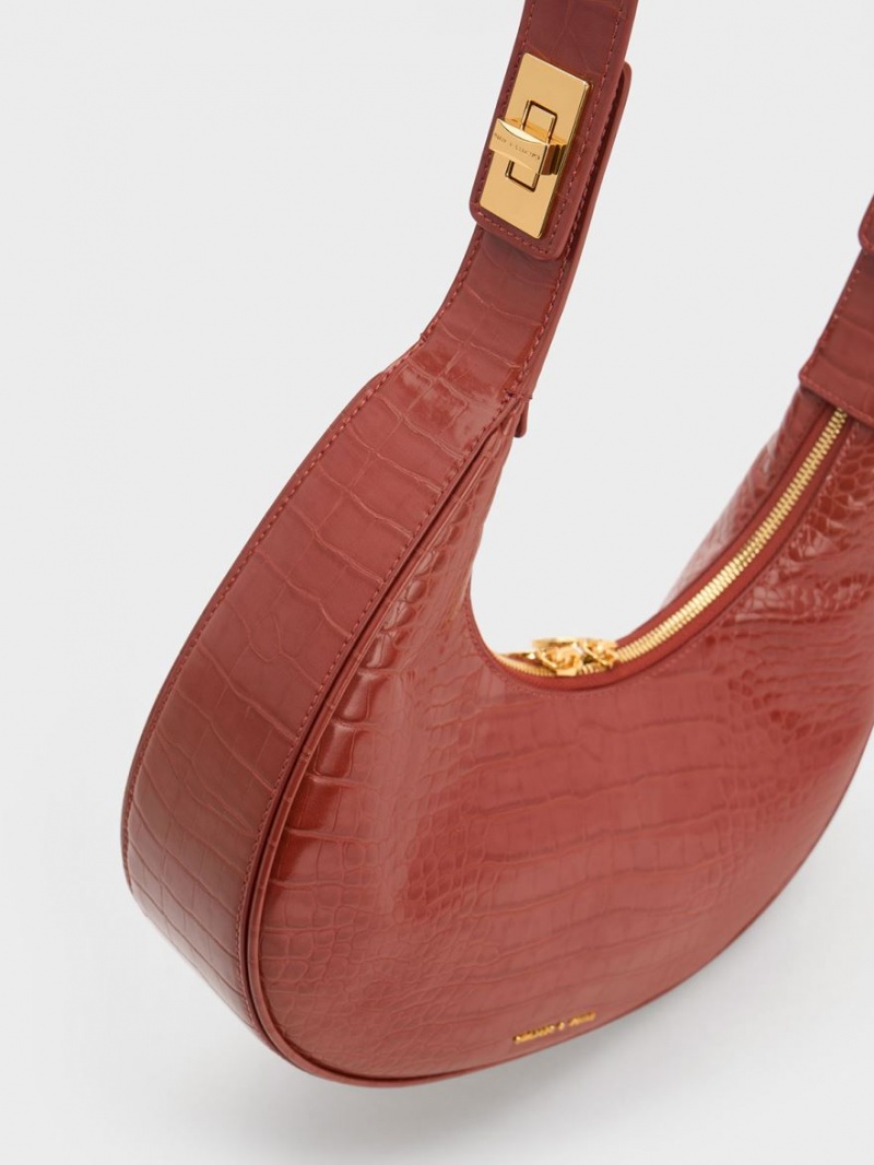 Charles And Keith Croc-Embossed Crescent Hobo Bag Brown | PHILIPPINES P863