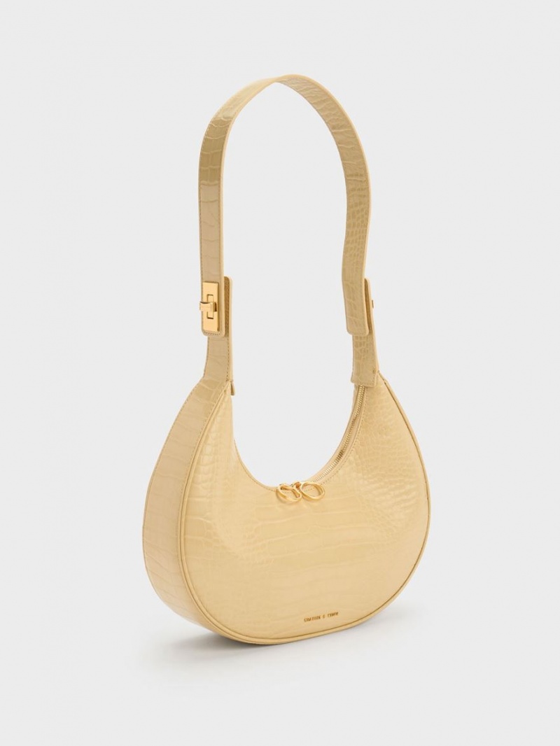 Charles And Keith Croc-Embossed Crescent Hobo Bag Beige | PHILIPPINES M489