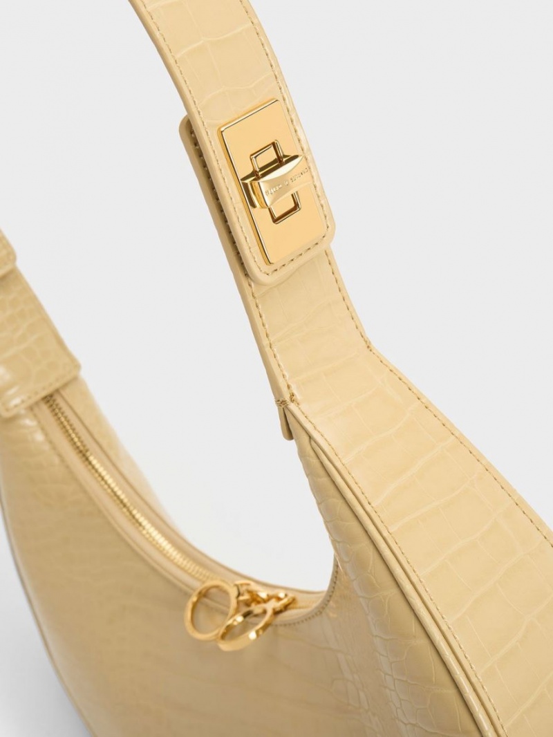 Charles And Keith Croc-Embossed Crescent Hobo Bag Beige | PHILIPPINES M489