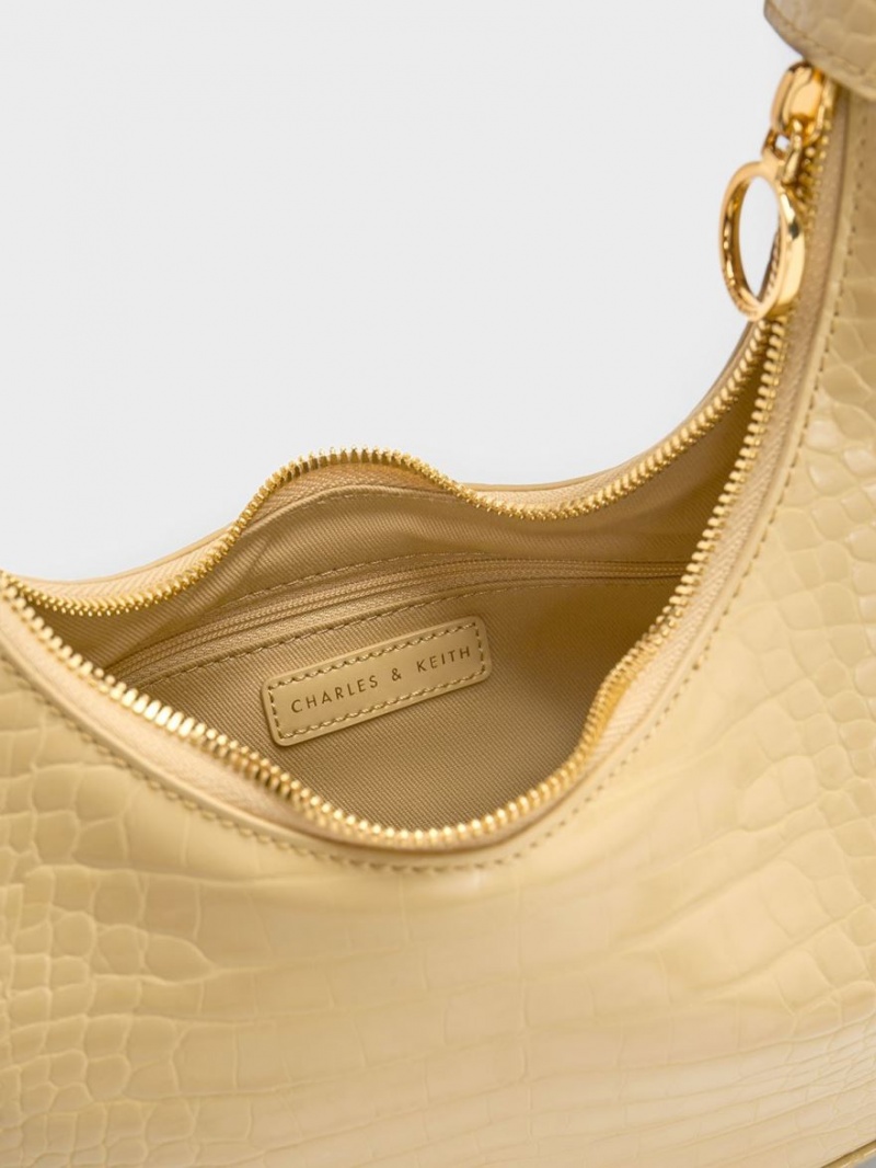 Charles And Keith Croc-Embossed Crescent Hobo Bag Beige | PHILIPPINES M489