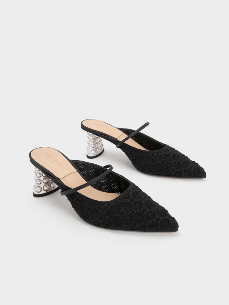 Charles And Keith Crochet & Leather Beaded Heel Mules Black | PHILIPPINES B287