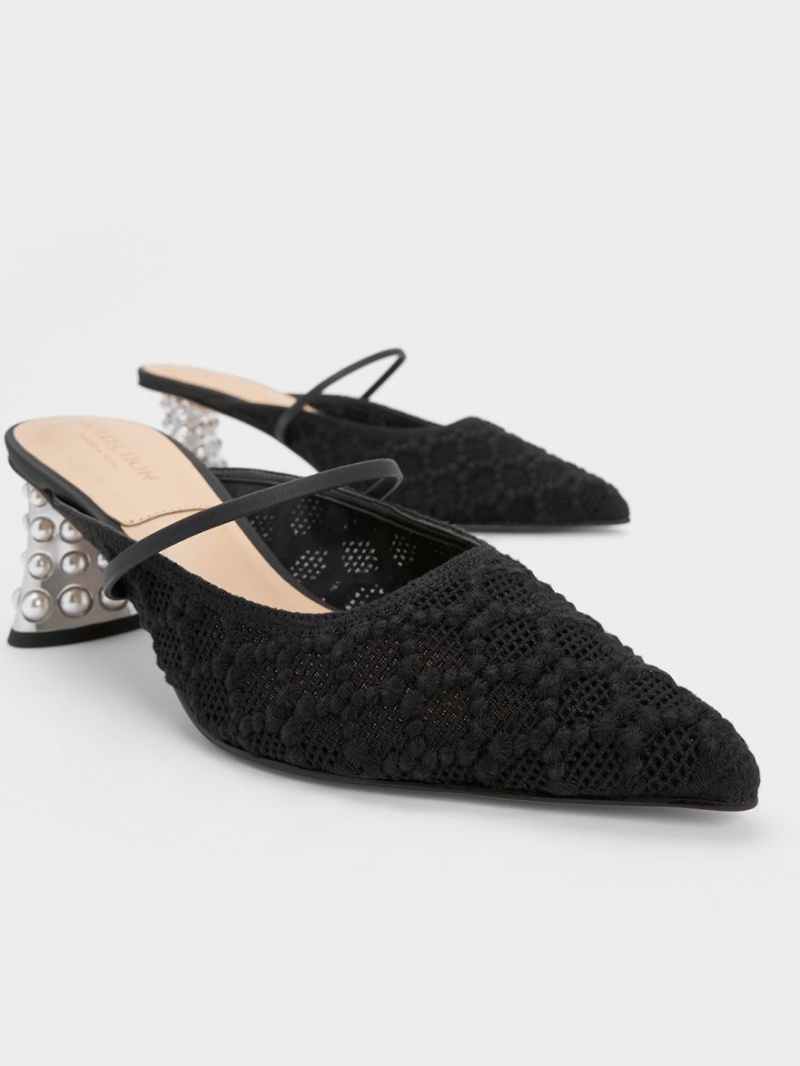 Charles And Keith Crochet & Leather Beaded Heel Mules Black | PHILIPPINES B287