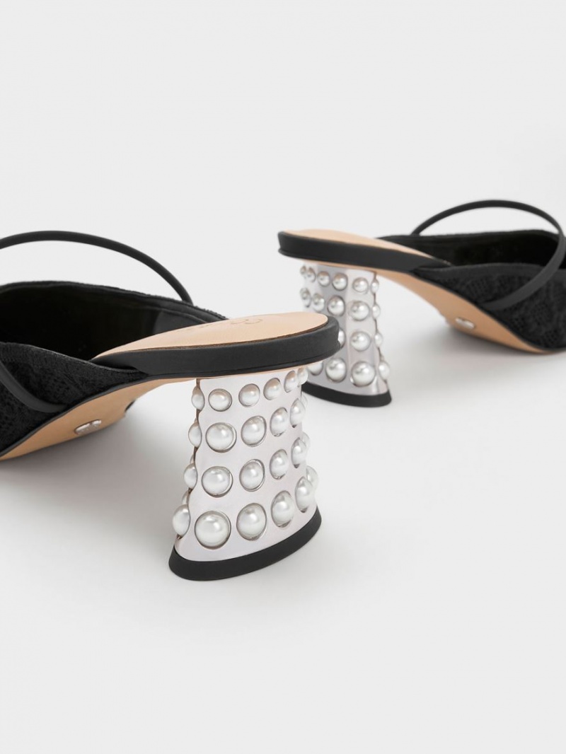 Charles And Keith Crochet & Leather Beaded Heel Mules Black | PHILIPPINES B287