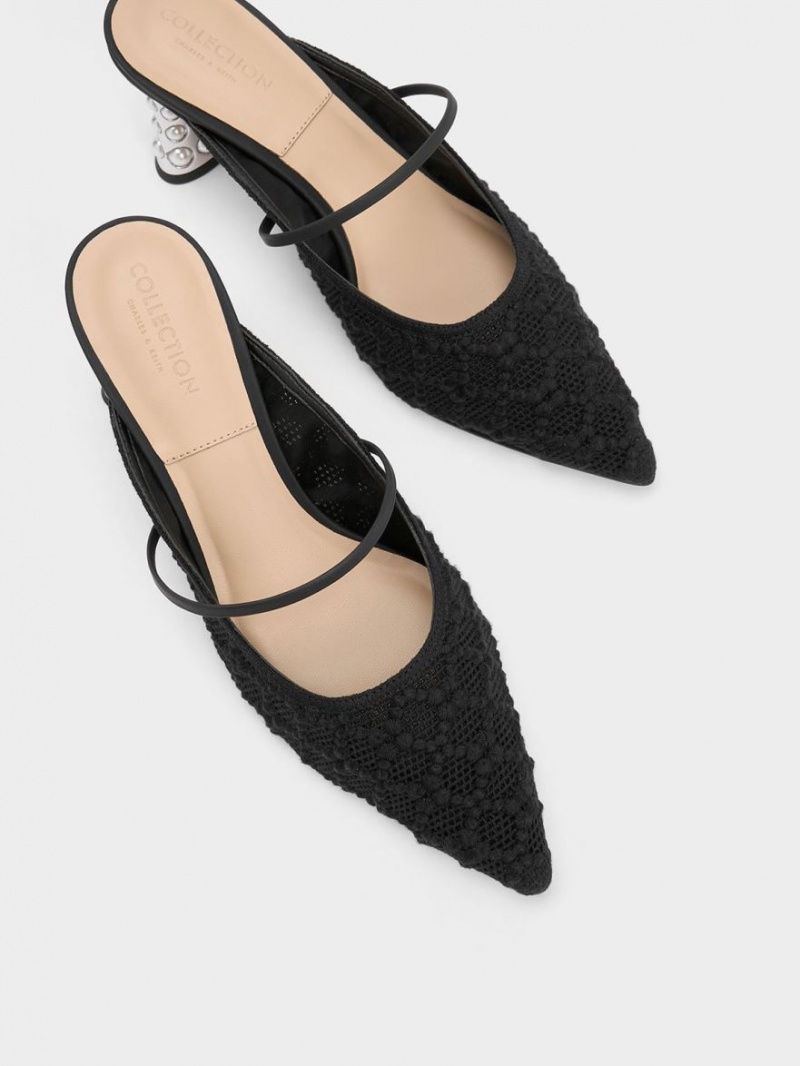 Charles And Keith Crochet & Leather Beaded Heel Mules Black | PHILIPPINES B287