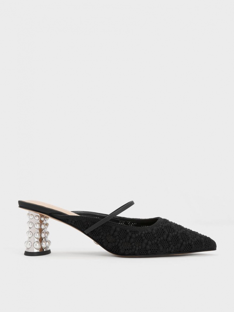 Charles And Keith Crochet & Leather Beaded Heel Mules Black | PHILIPPINES B287