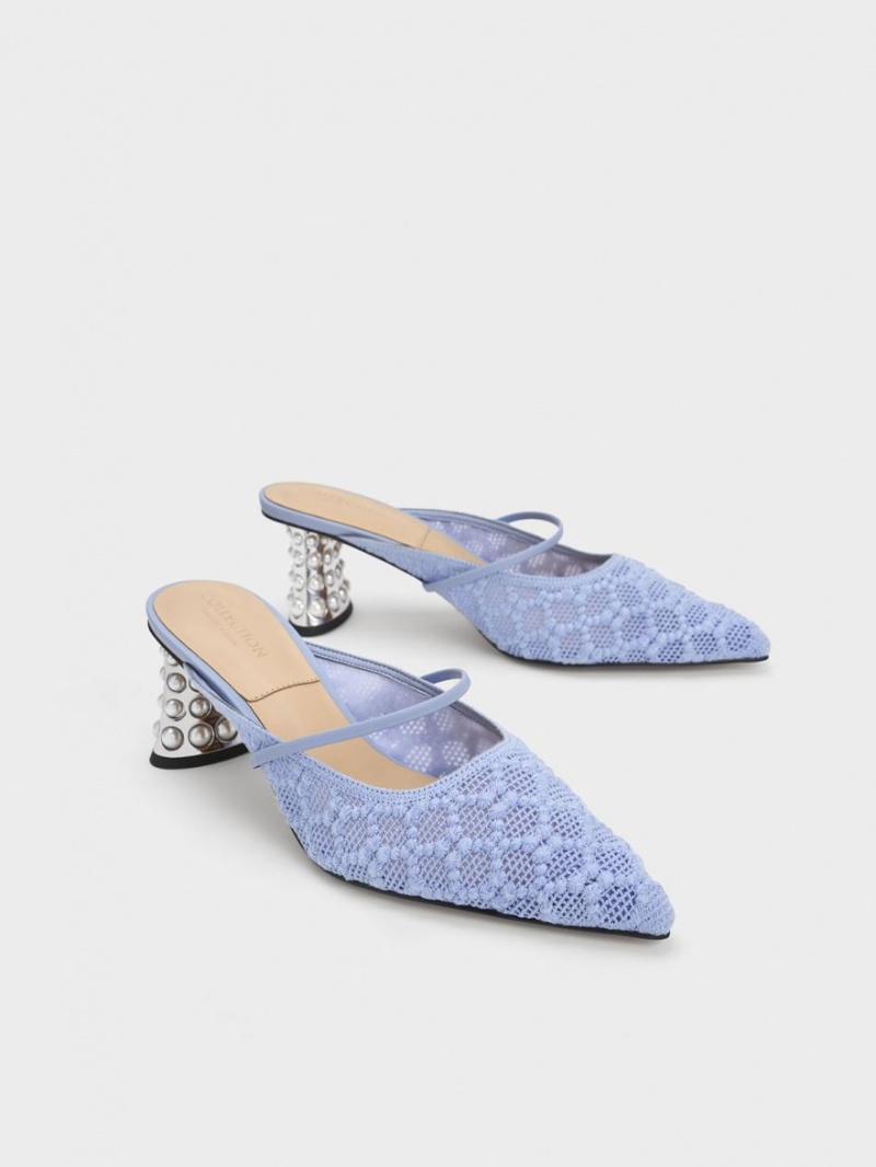 Charles And Keith Crochet & Leather Beaded Heel Mules Blue | PHILIPPINES K902