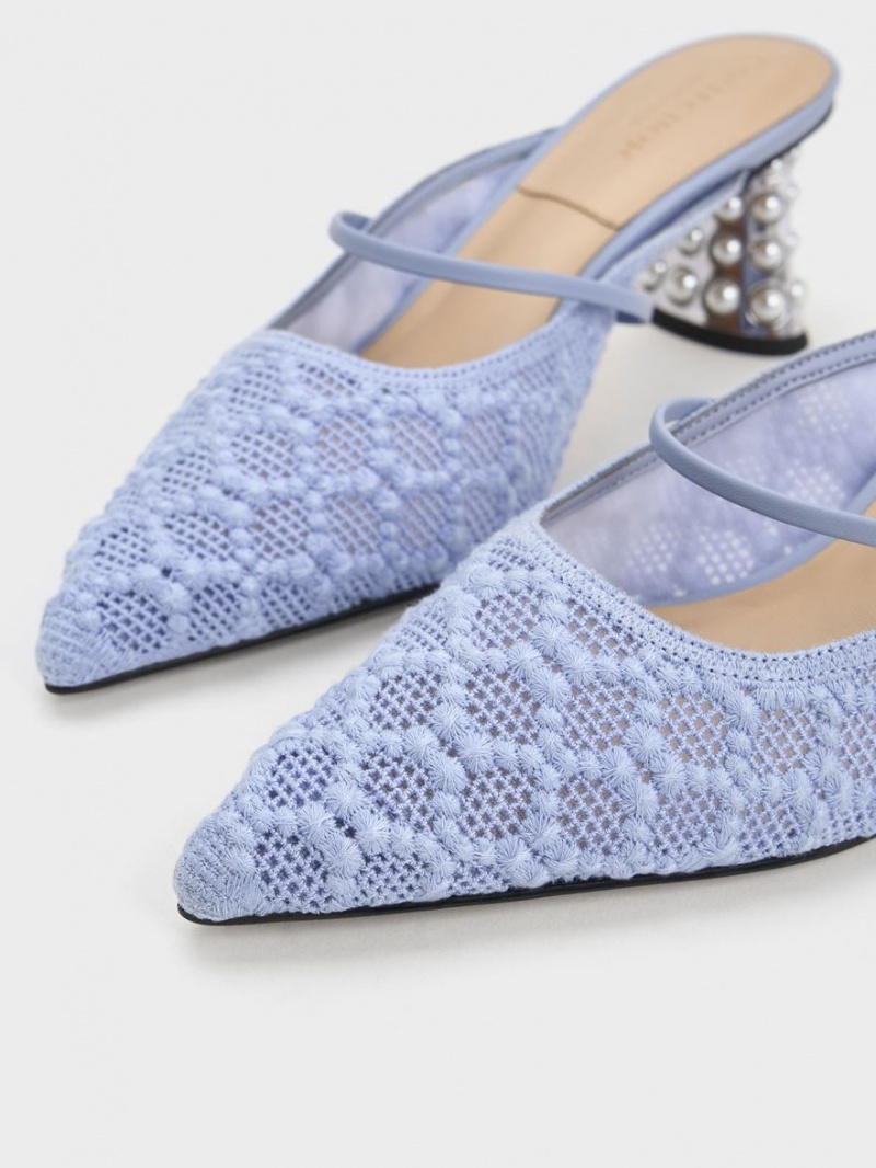 Charles And Keith Crochet & Leather Beaded Heel Mules Blue | PHILIPPINES K902