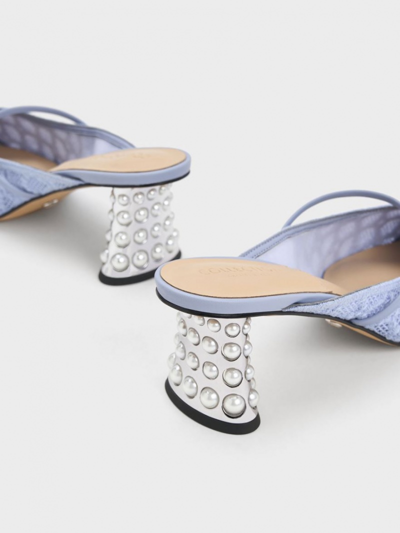 Charles And Keith Crochet & Leather Beaded Heel Mules Blue | PHILIPPINES K902