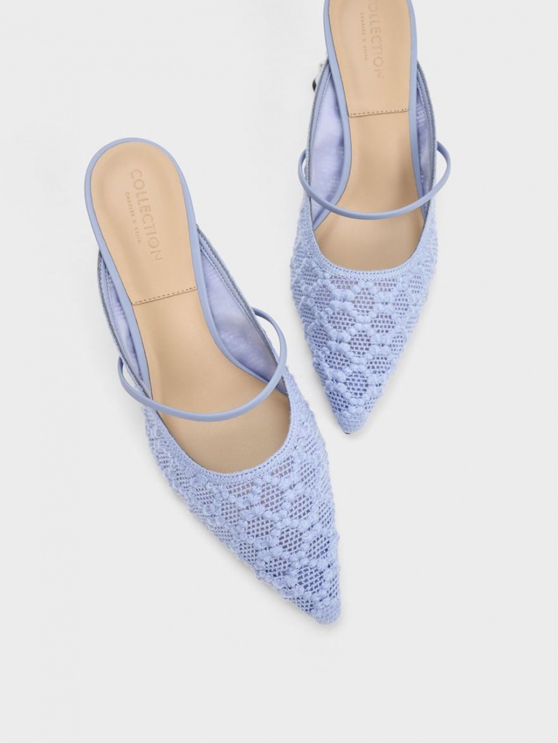 Charles And Keith Crochet & Leather Beaded Heel Mules Blue | PHILIPPINES K902