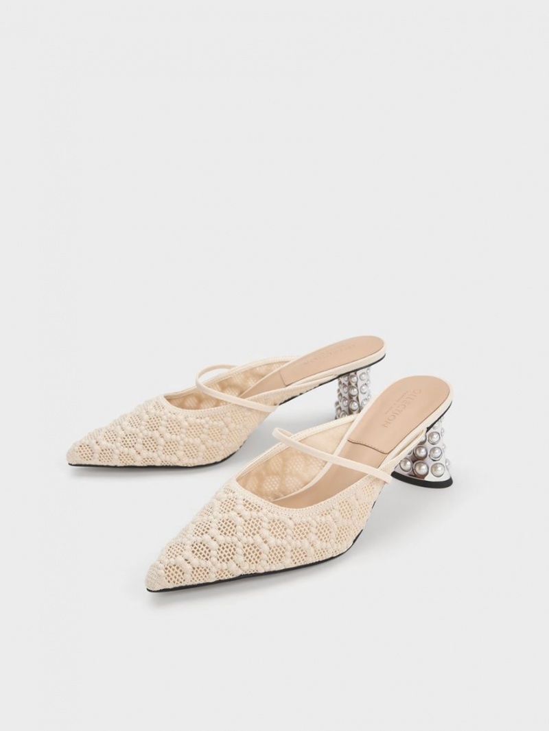 Charles And Keith Crochet & Leather Beaded Heel Mules Cream | PHILIPPINES B687