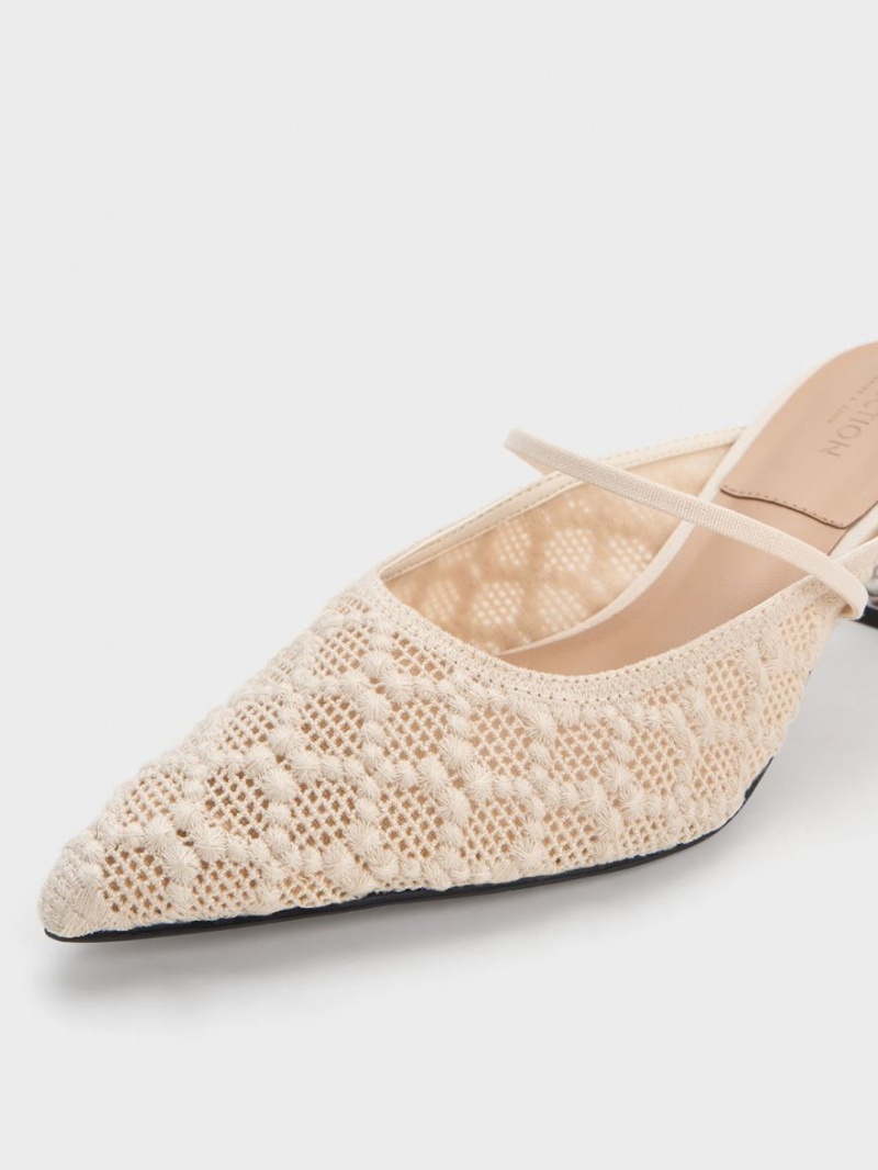 Charles And Keith Crochet & Leather Beaded Heel Mules Cream | PHILIPPINES B687