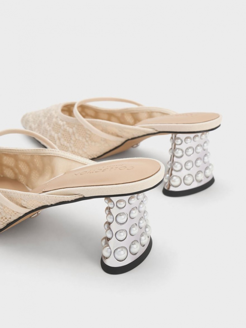 Charles And Keith Crochet & Leather Beaded Heel Mules Cream | PHILIPPINES B687