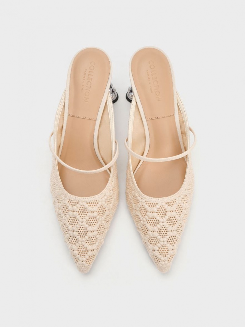 Charles And Keith Crochet & Leather Beaded Heel Mules Cream | PHILIPPINES B687