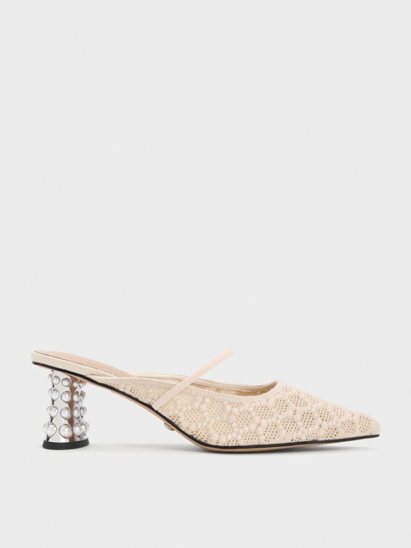 Charles And Keith Crochet & Leather Beaded Heel Mules Cream | PHILIPPINES B687