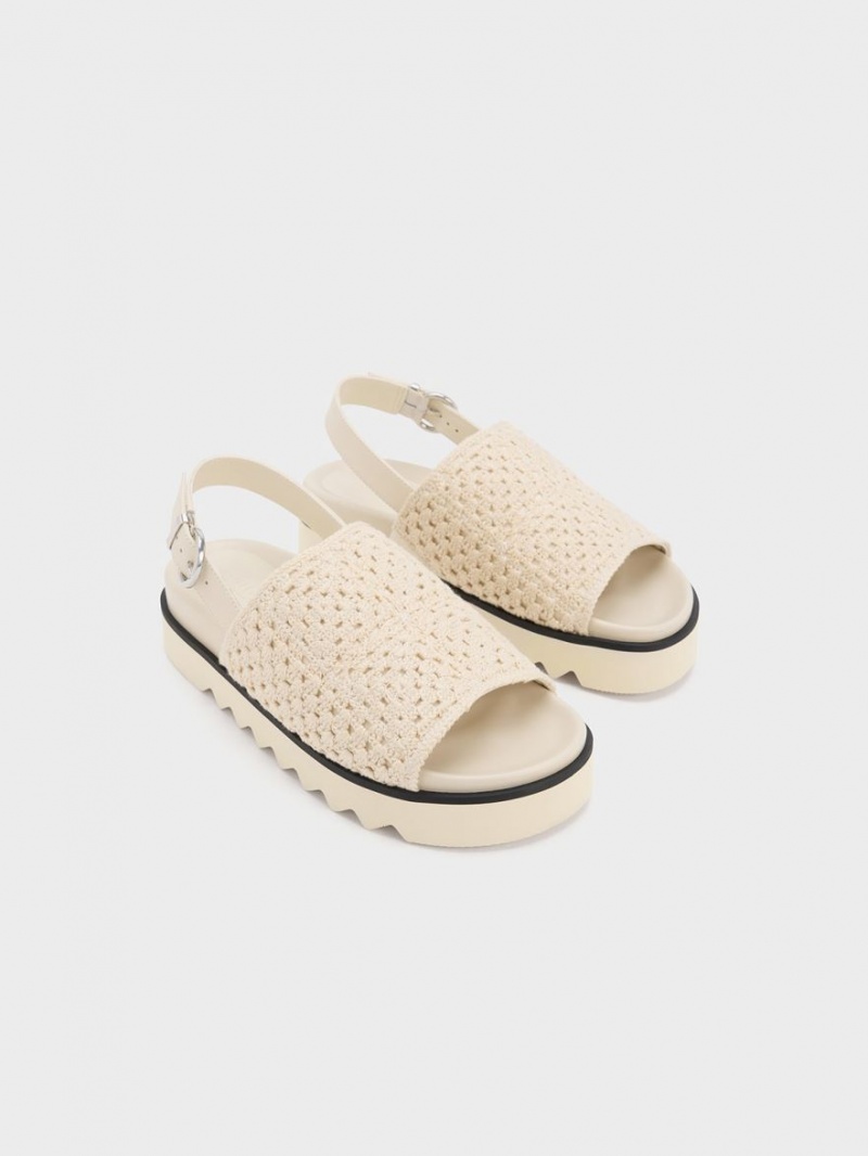 Charles And Keith Crochet & Leather Slingback Platform Sandals Cream | PHILIPPINES I598